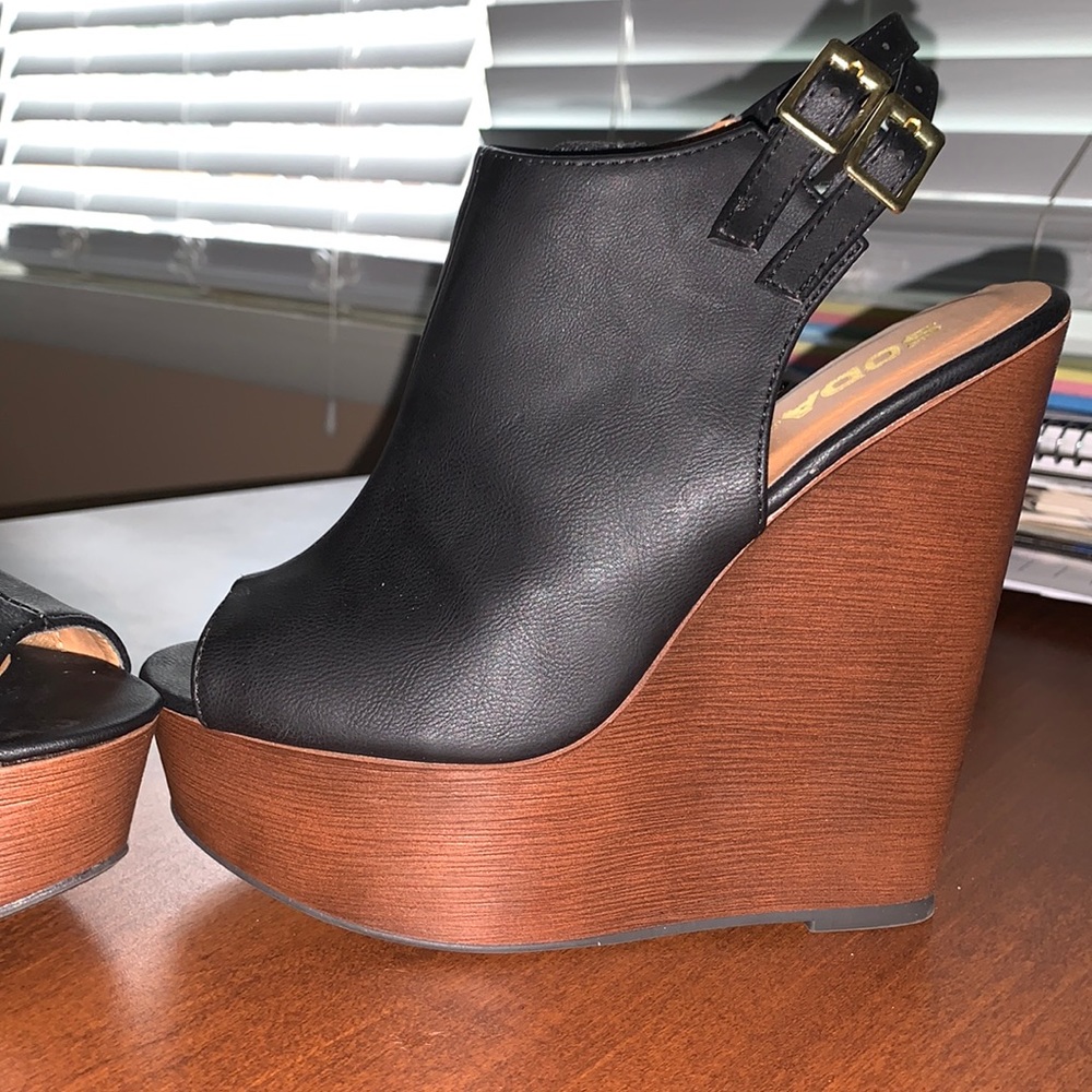 Black and Brown Peep Toe Wedges